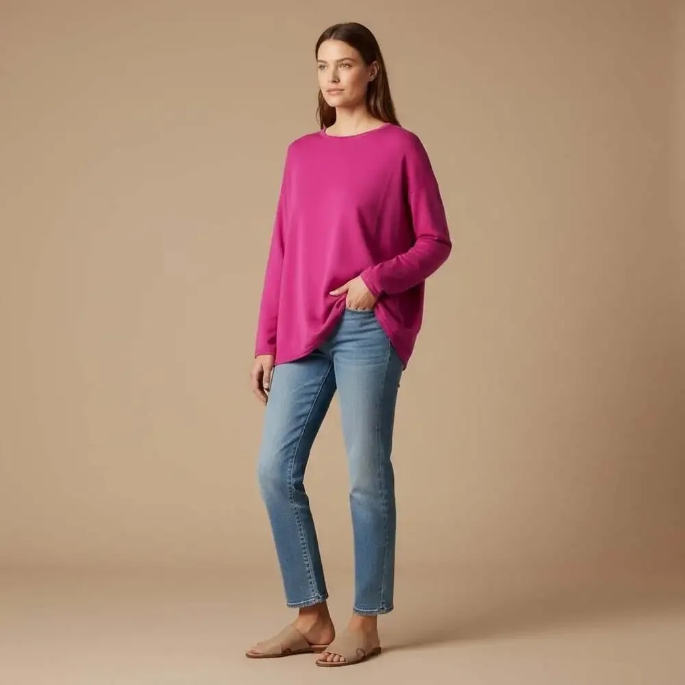 Eileen Fisher Magenta Boxy Pullover Top Large TENCEL Lyocell Crew Neck